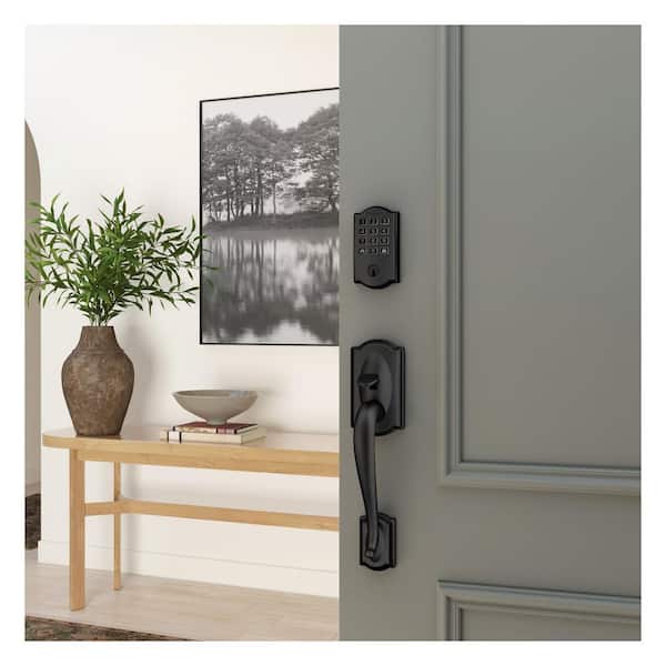 Camelot Matte Black Arrive Smart WiFi Deadbolt and Lower Half Door Handleset with Accent Handle and Camelot Trim