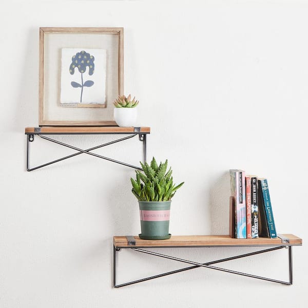 Glitzhome Rustic Farmhouse Metal Wooden Decorative Wall Shelf with brackets (Set of 2)
