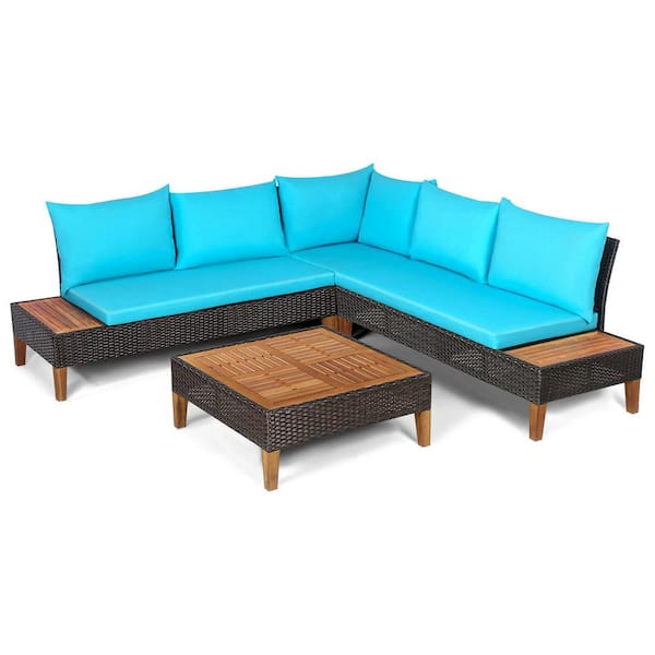 Gymax 4-Piece Acacia Wood Wicker Patio Furniture Set Wicker Conversation Set with Turquoise Cushions