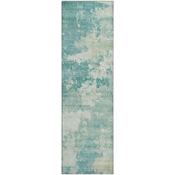 Mayfield Premium Machine Washable Abstract AMF2142 Teal 2 ft. x 7 ft. Runner Rug