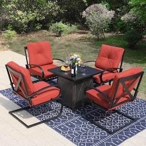 5-Piece Metal Patio Fire Pit Set, C-Spring Dining Chairs with Red Cushion