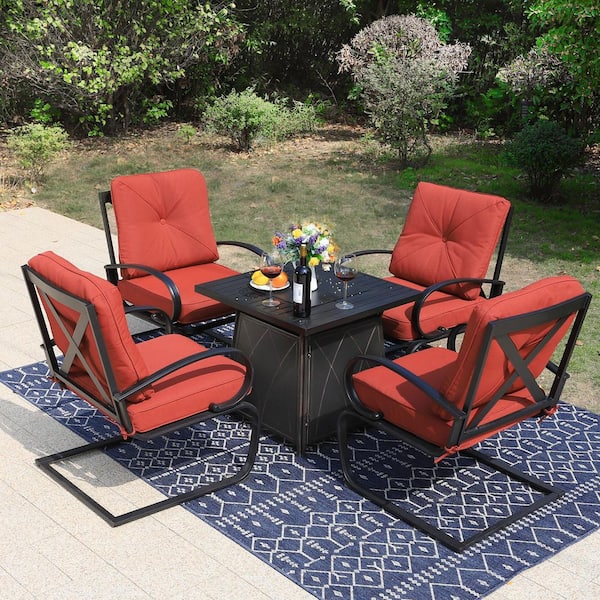 PHI VILLA 5-Piece Metal Patio Fire Pit Set, C-Spring Dining Chairs with Red Cushion