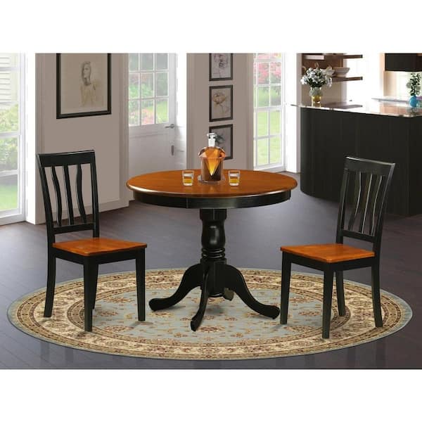 East West Furniture 3-Piece Round Black Finish Solid Wood Top Dining Table with 2-Chairs with Lattice Back