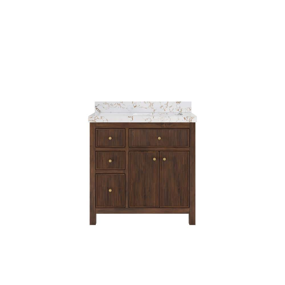 Sonoma Teak 36 in. Right Offset Sink Freestanding Dark Walnut Bath Vanity with Viola Gold Quartz Top Unassembled price history on PriceWatchPro