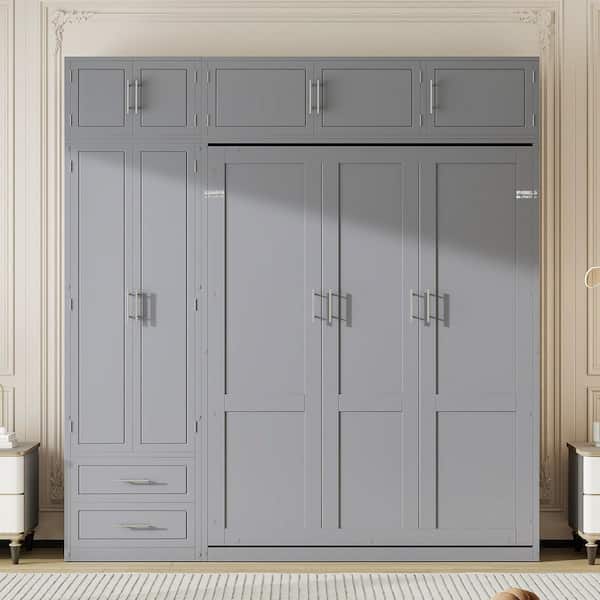 Anthea Gray Wood Frame Queen Size Murphy Bed with Top Cabinet, Shelves, Wardrobe