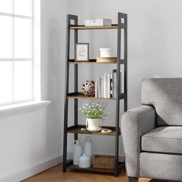 Brown Wood 5 Shelf Tier Ladder Bookcase, Mainstay 5 Shelf Wood Bookcase