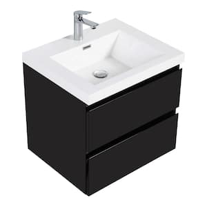 24 in. W x 20 in. D x 22 in. H Wall-Mounted Bath Vanity in Black with Glossy White Cultured Marble Top