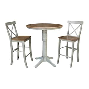 Olivia 3-Piece 36 in. Hickory/Stone Round Solid Wood Bar Height Dining Set with X-Back Stools