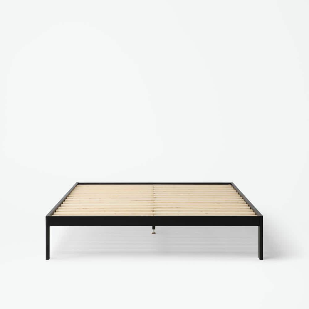 Full Black Metal Platform Bed Frame with Upholstered Headboard