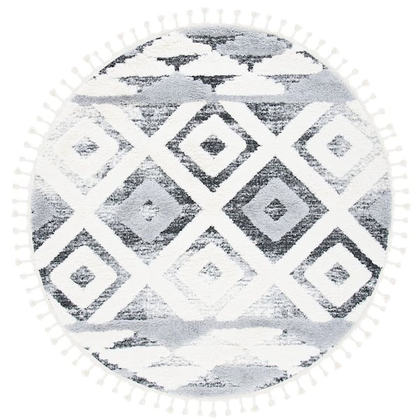 Moroccan Tassel Shag 7 ft. x 7 ft. Gray/Ivory Diamond High-Low Fringe Round Area Rug