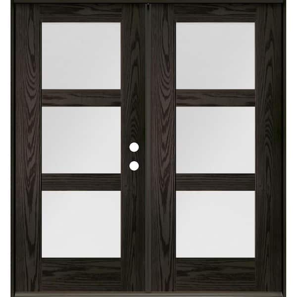 Modern 72 in. x 80 in. 3-Lite Left-Active/Inswing Satin Glass Baby Grand Stain Double Fiberglass Prehung Front Door