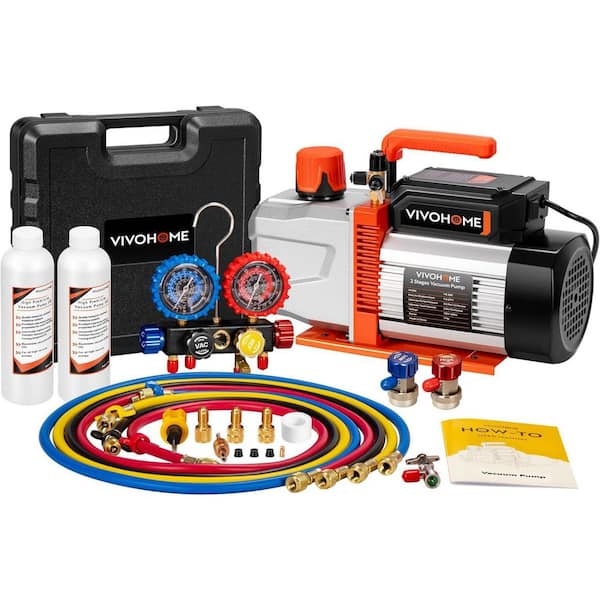 1 HP 9. 6CFM 2 Stage HVAC Vacuum Pump and 4 Way Manifold Gauge Kit with 5 ft. Hoses for R134a R12 R22 R502 R410a
