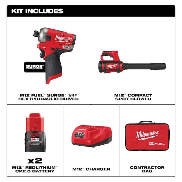 M12 FUEL SURGE 12V Lithium-Ion Brushless Cordless 1/4 in. Hex Impact Driver Kit w/Two 2. 0Ah Batteries & Spot Blower