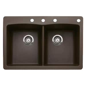 Diamond Dual-Mount Granite 33 in. 4-Hole 50/50 Double Bowl Kitchen Sink in Cafe Brown