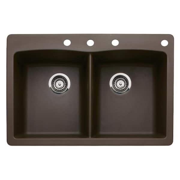 Blanco Diamond Dual-Mount Granite 33 in. 4-Hole 50/50 Double Bowl Kitchen Sink in Cafe Brown