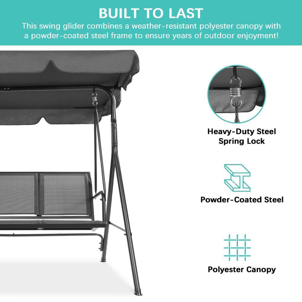 Gray Steel Frame 2-Seater Patio Swing with Adjustable Canopy