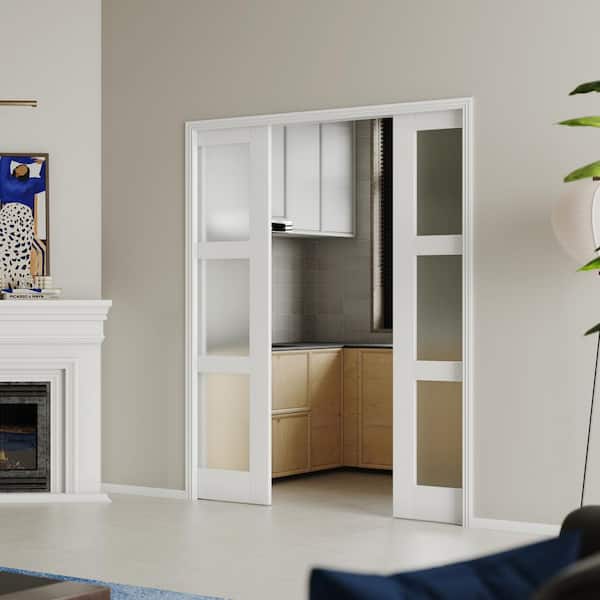 60 in. x 80 in . (30''X 2）3-Lite White MDF Tempered Frosted Glass Double Sliding Pocket Door Frame With Hardware Kit