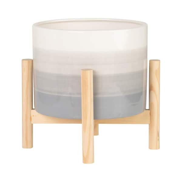 8 in. x 9 in. Ivory Ceramic Striped Planter with Wood Stand