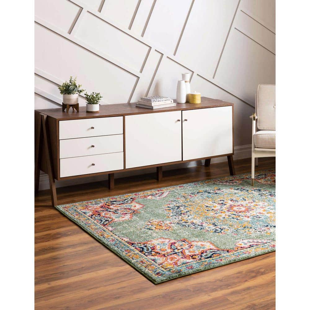 Green Rectangular Stain-Resistant Synthetic Area Rug