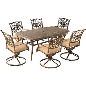Seasons 7-Piece Aluminum Outdoor Dining Set with Tan Cushions Table and Swivel Rockers