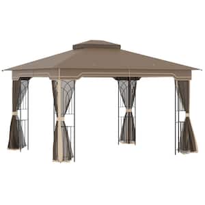 12 ft. x 10 ft. Brown Patio Gazebo Outdoor Canopy Shelter with Double Tier Roof and Netting Sidewalls