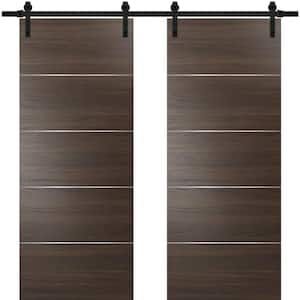 0020 36 in. x 80 in. Flush Chocolate Ash Finished Wood Barn Door Slab with Hardware Kit Black