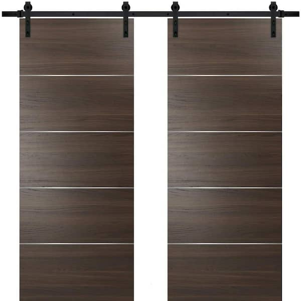 Sartodoors 0020 48 in. x 84 in. Flush Chocolate Ash Finished Wood Barn Door Slab with Hardware Kit Black