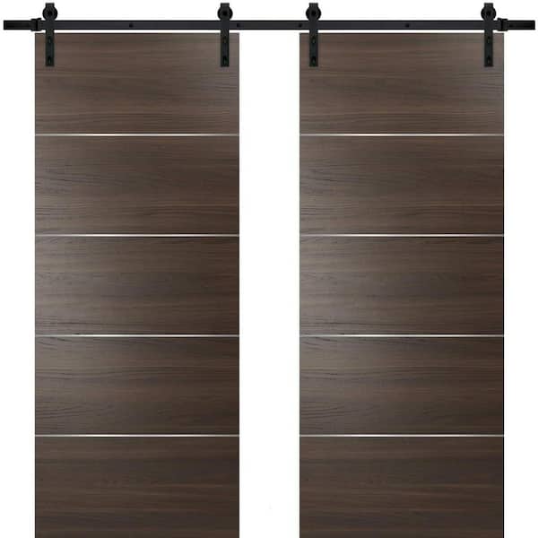 Sartodoors 0020 60 in. x 96 in. Flush Chocolate Ash Finished Wood Barn Door Slab with Hardware Kit Black