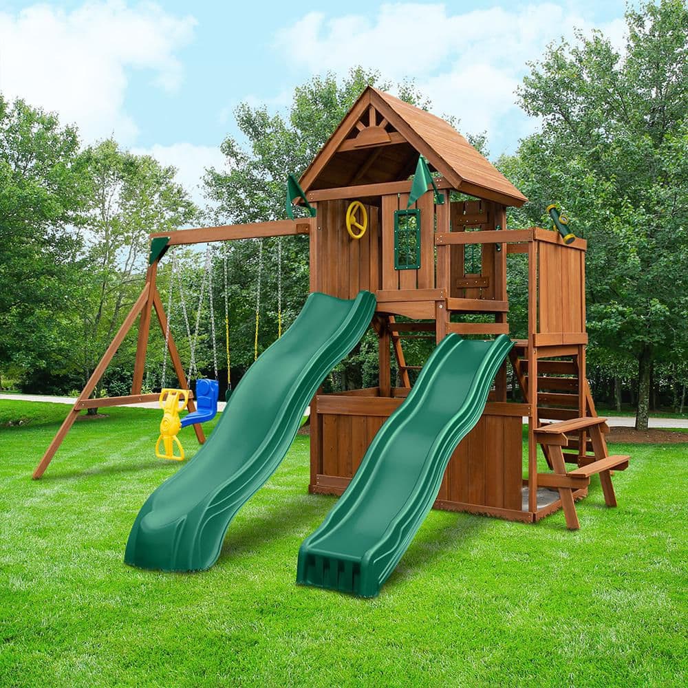 Knightsbridge Deluxe Wooden Backyard Swing Set with Slides and Swings