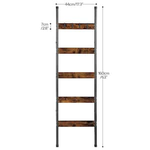 Blanket Ladder, 5-Tier Towel Rack with Hooks, Wall-Leaning Blanket Rack in Rustic Brown and Black