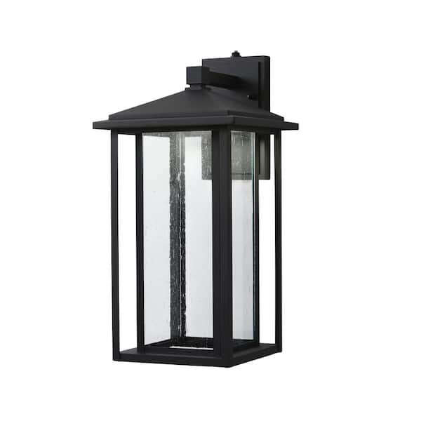 Home Decorators Collection Mauvo Canyon 18 in. Black Dusk to Dawn Large LED Outdoor Wall Light Fixture with Seeded Glass