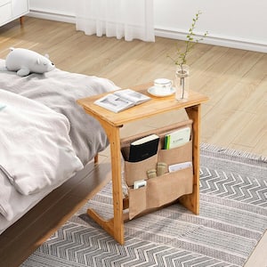 14 in. Natural 24.5 in. C-Shape Bamboo End Table with Storage Bag