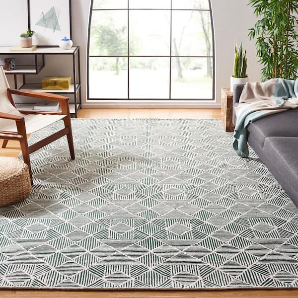 Abstract 11 ft. x 15 ft. Dark Green/Ivory Diamond Geometric Area Rug
