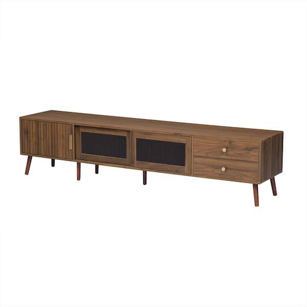 76 in. Natural Glass Doors TV Stand Fits TVs up to 85 in. with Storage Cabinets and 2 Drawers
