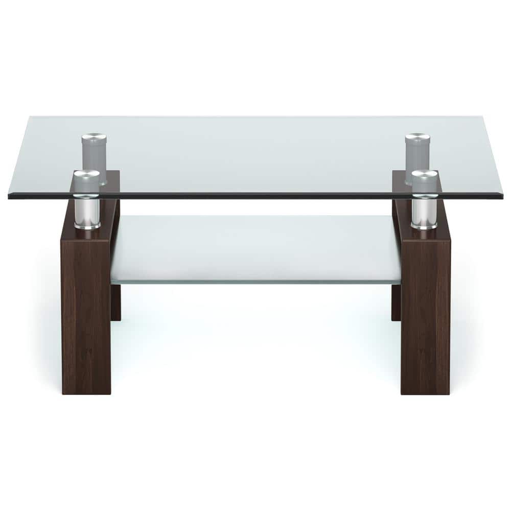 Rectangular Coffee Glass and Metal Coffee Table with Shelf