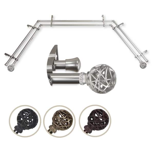 EMOH 13/16" Dia Adjustable Bay Window Double Curtain Rod 20 to 36", 38 to 72" in Satin Nickel with London Finials