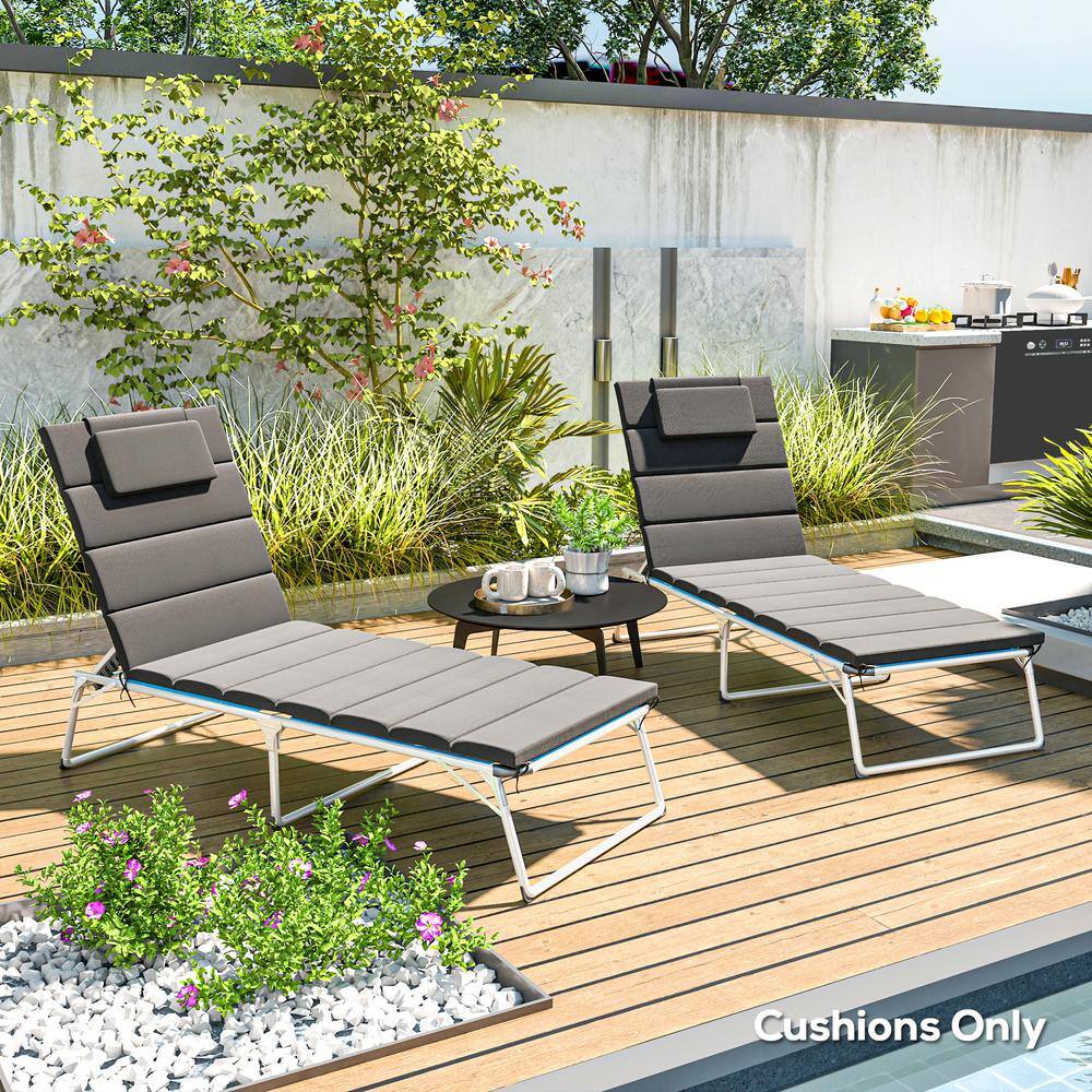 Dark Gray Foldable Olefin Chaise Lounge Cushion Set with Headrest
