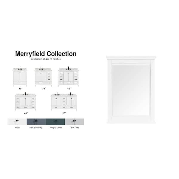 Merryfield 61 in. Double Sink White Bath Vanity with Marble Top and 24 in. White Framed Mirror Combo