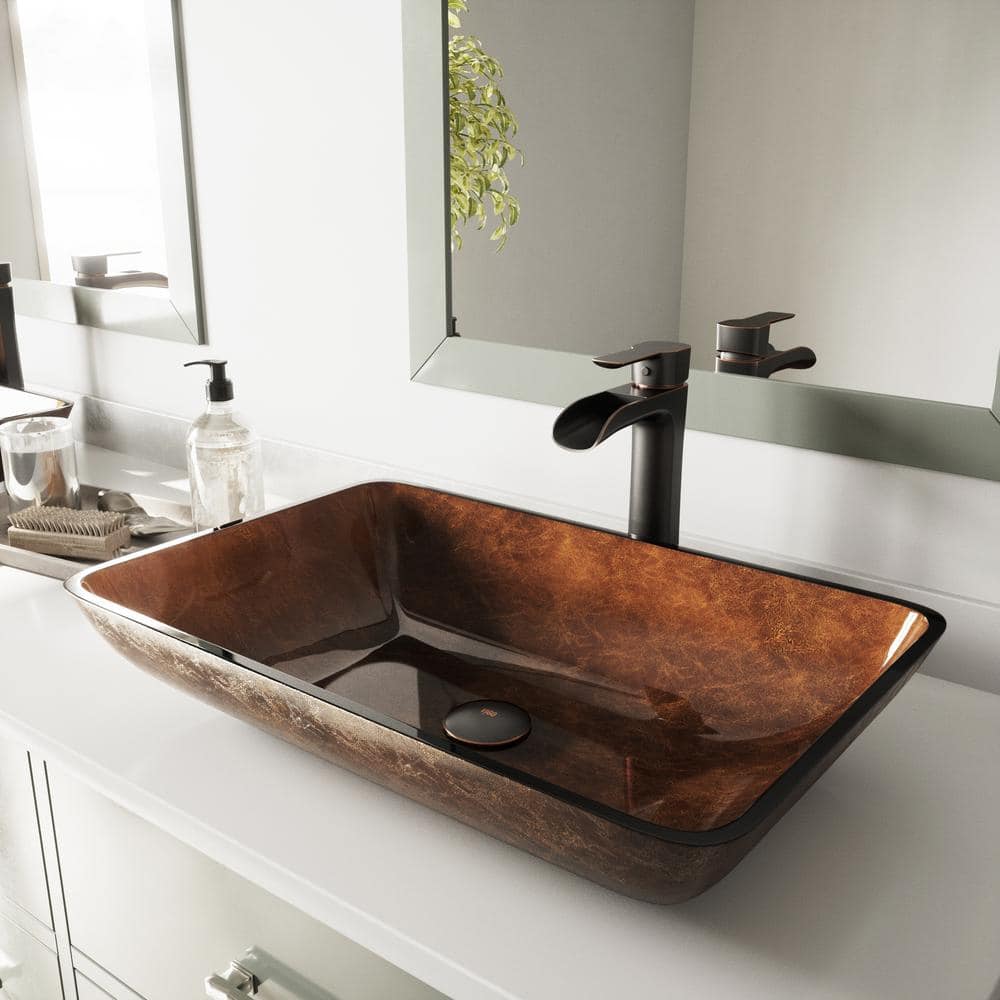 Vigo Glass Rectangular Vessel Bathroom Sink In Chocolate Brown With Niko Faucet And Pop Up Drain In Antique Rubbed Bronze Vgt1055 The Home Depot