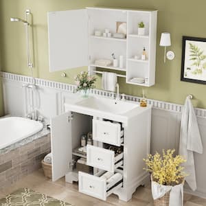 30 in. Modern Single Sink Freestanding Storage Bath Vanity in White with White Ceramic Top and Mirror Medicine Cabinet