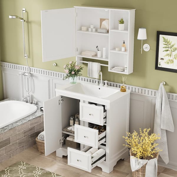 30 in. W Modern Single Sink Freestanding Storage Bath Vanity in White with White Ceramic Top and Mirror Medicine Cabinet