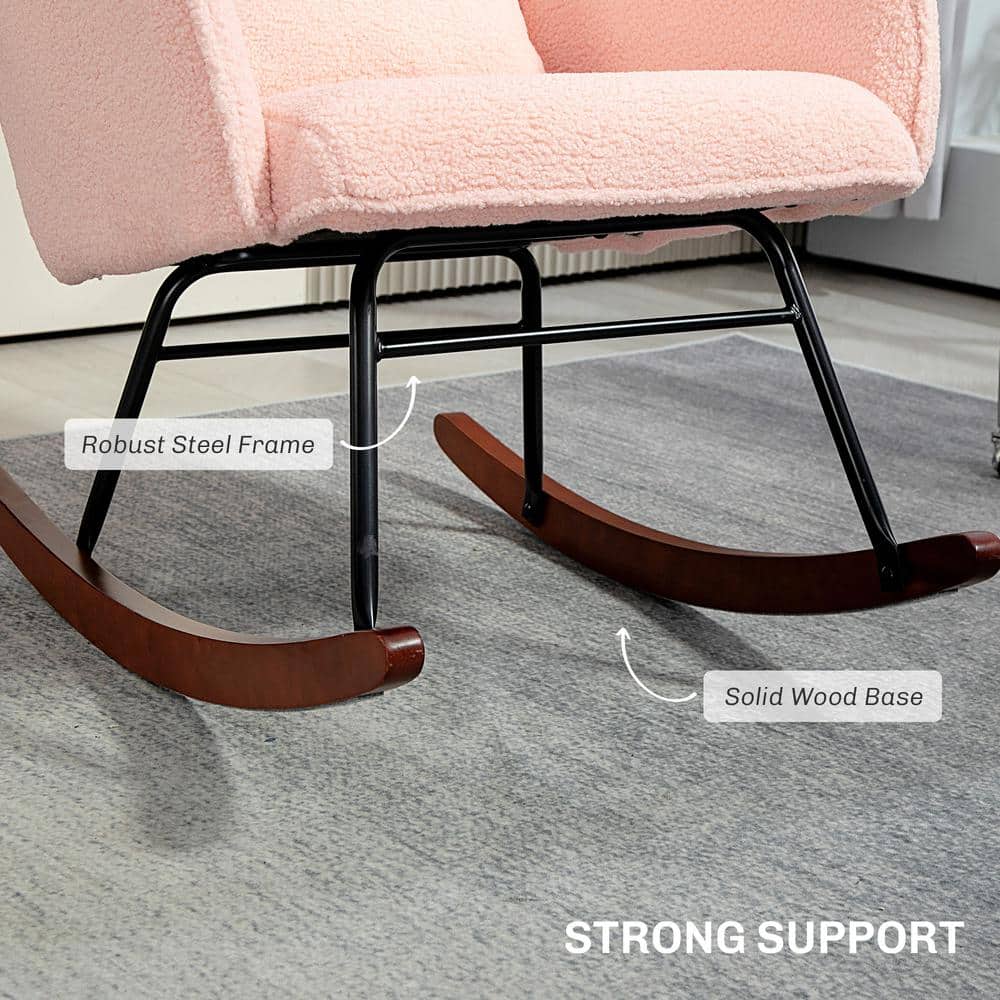 Pink Upholstered High-Back Rocking Chair with Steel Frame and Beech Wood Base