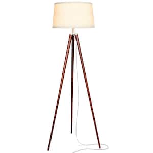 Emma 61 in. Walnut Brown Mid-Century Modern 1-Light LED Energy Efficient Floor Lamp with Beige Fabric Drum Shade