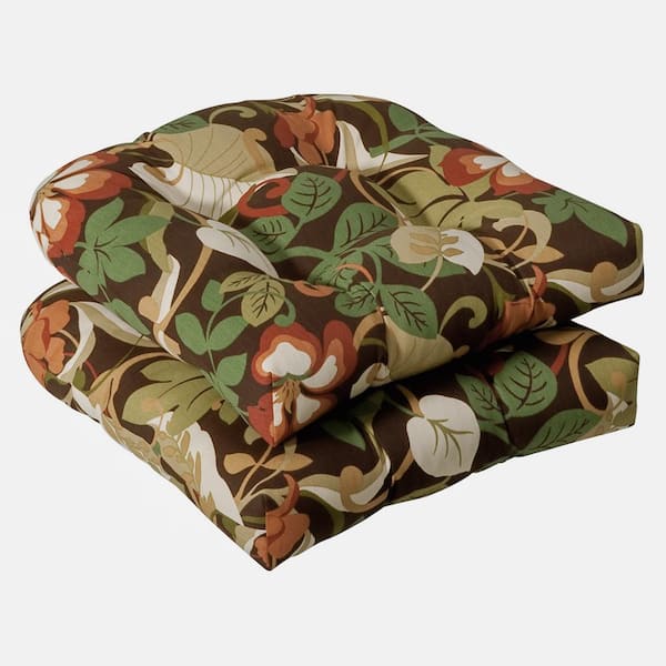 Pillow Perfect Floral 19 x 19 2-Piece Outdoor Dining chair Cushion in Brown/Green Coventry