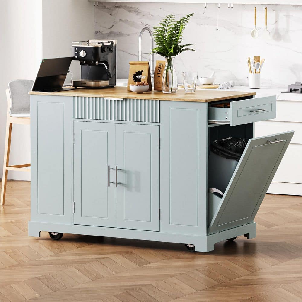 Gray and Blue Wood Top 48.5 in. Fluted Kitchen Island with Tilt-Out Trash Can price history on PriceWatchPro
