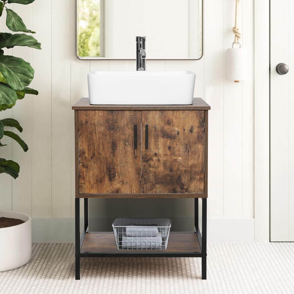 24" Rustic Brown MDF Freestanding Vanity with White Ceramic Sink
