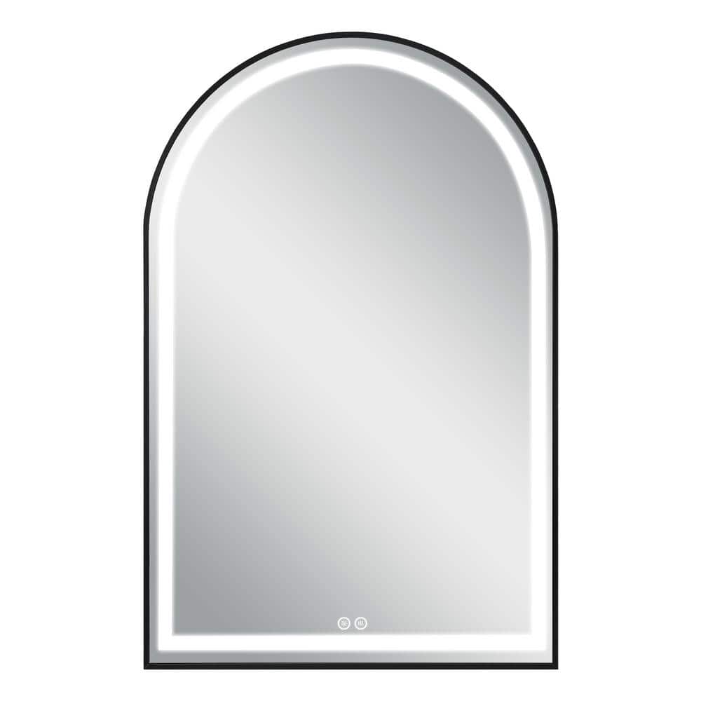 PexFix 26 in. W x 38 in. H Arched Framed LED Dimmable Anti-Fog Bathroom Vanity Mirror in Black ...