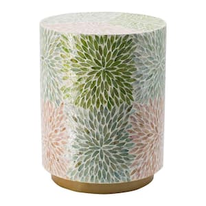 14 in. Multicolor Round Wood end table with Elegant Leaves Pattern
