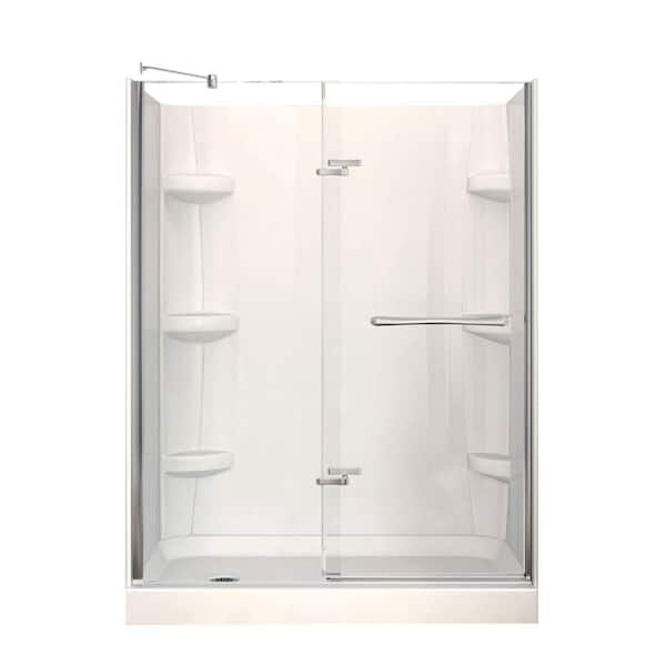 MAAX Reveal 32 in. x 60 in. x 76.5 in. Left Drain Alcove Shower Kit in White with Frameless Pivot Shower Door in Chrome