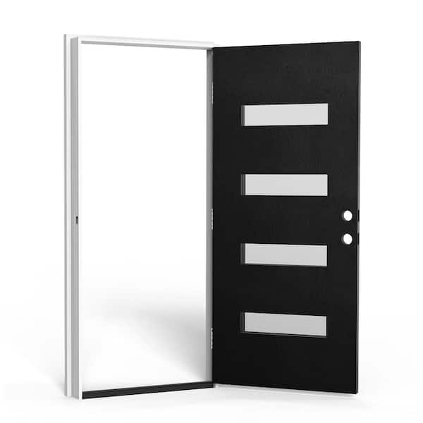 36 in. x 80 in. Left-Hand Black 4-Lite Frosted Glass Fiberglass Front Door Slab with Frame, Hinges, Threshold
